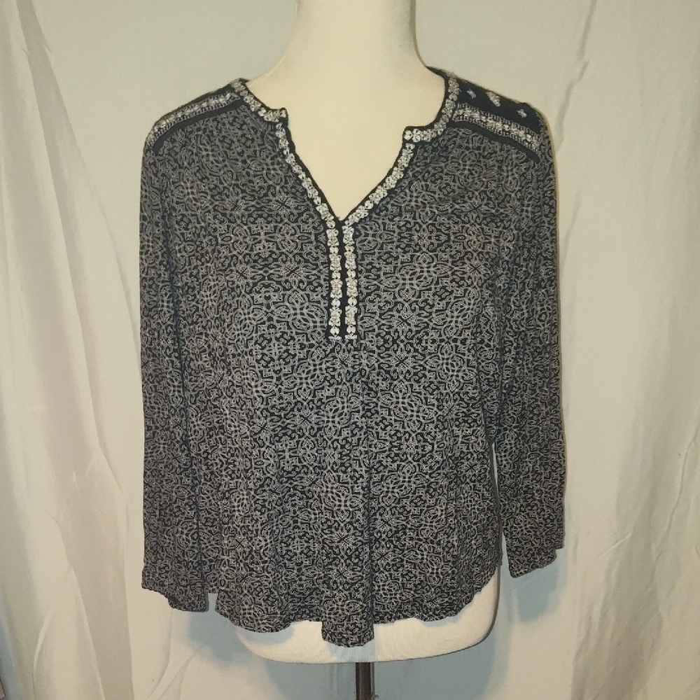 Lucky Brand Boho Blouse 1X Black White Embroidered V Neck Long Sleeve Tunic Top